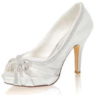 Emily Bridalwear 521-71-1 Wedding Shoes High Heel peep Platform Slip-on Rhinestone Bridal Shoes (6) Ivory