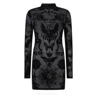 Philipp Plein Kleedjes, Dames, Zwart, S, Polyester, Long Sleeve Mini Dress Flock Butterfly Tattoo