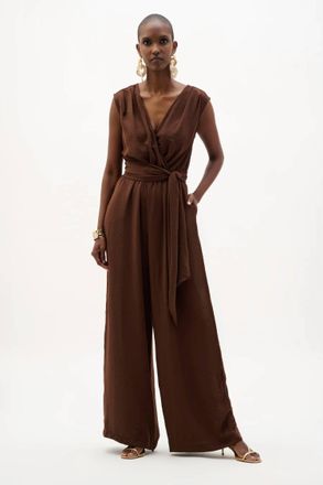 Joseph Ribkoff Woven Gauze Wide Leg Pull On Jumpsuit In Mahogany