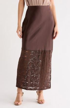 Renee C Lace Trim Satin Maxi Skirt in Brown at Nordstrom Rack, Size X-Small