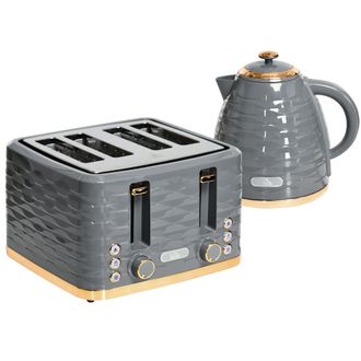 HOMCOM Kettle And Toaster Set 1.7L Rapid Boil Kettle & 4 Slice Toaster Grey | TJ Hughes