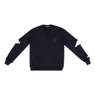 Balenciaga Destroyed V-Neck Knit Sweater Navy 696091T16420414