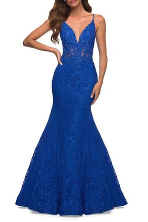La Femme Mermaid Lace Prom Dress with Sheer Jeweled Bodice in Royal Blue at Nordstrom, Size 10