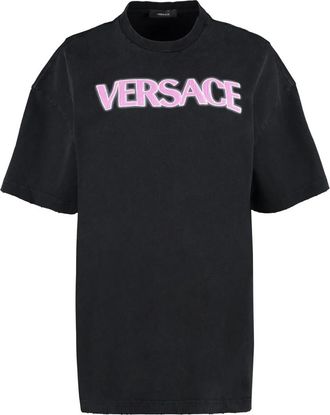 Versace Contrasterend Logo Katoenen T-Shirt - Dames - T-shirts - Zwart - 2XS - Katoen - Tops