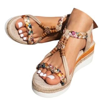 Generic Womens Wedge Sandals Thick Soled Womens Bohemian Shoes Fashion Casual Braided Strap Hollow Fish Mouth Sandals Elastic Ankle Strap Summer Comfortable S