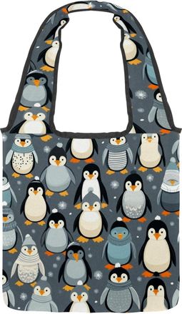 Generic Cute Penguin Pile Reversible Canvas Shoulder Tote - Double-Sided Print, 12oz Cotton, 27cm Drop, Fold-Flat Bag for Travel, Shopping, Street Outings