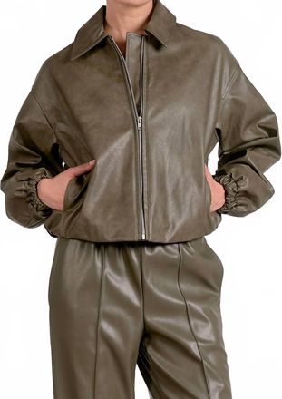 Elan Classic Bomber Leather Jacket In Pine Green