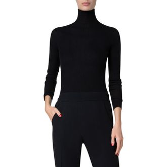 Akris Cashmere & Silk Rib Funnel Neck Sweater in Black at Nordstrom, Size 14
