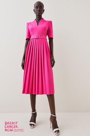 Karen Millen Womens Tailored Structured Crepe Forever Pleat Belted Midi Dress - Purple - Size 8 UK