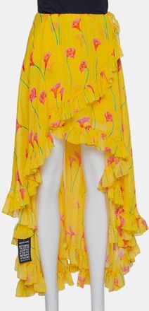 Caroline Constas Yellow Printed Silk Ruffled Asymmetric Hem Adelle Midi Skirt