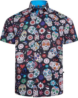 KAM AOP Colouful Skull Print Collared Shirt Button Up Mens Plus Size 2-8XL 6069 (UK, Alpha, 6XL, Plus, Regular, Black)