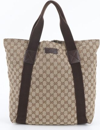 Gucci Brown Leather Canvas Shoulder Bag Tote Bag (Pre-Owned)