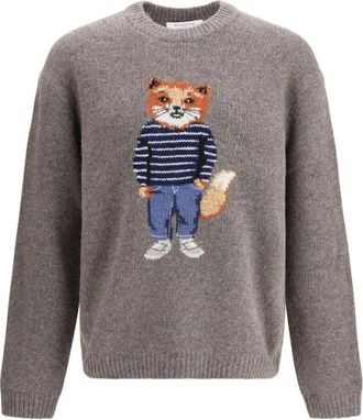 Maison Kitsun&eacute; Dressed Fox Intarsia Wollen Trui - Heren - Ronde hals truien - Grijs - XL - Wol - Truien & Vesten