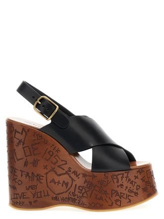 Chlo&eacute; Black Calfskin Wedge Womens Sandals