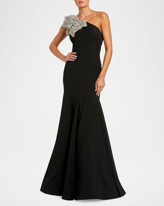 Mac Duggal Petite One-Shoulder Trumpet Gown w/ Crystal Flower