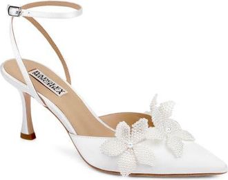 Badgley Mischka Whitman Ankle Strap Pointed Toe Pump in White Satin at Nordstrom, Size 5.5