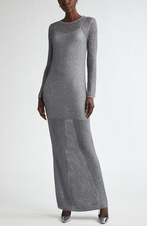 St. John Sequin Long Sleeve Mesh Knit Gown in Silver at Nordstrom, Size X-Large