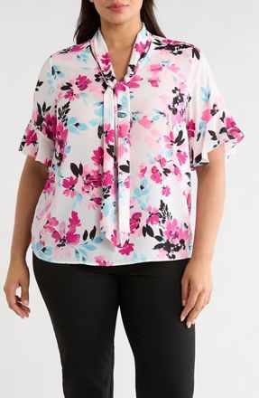 Kasper Floral Tie Neck Sleeveless Satin Top in Lily White Multi at Nordstrom, Size 2 X