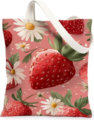 Generic Strawberry Floral Tote Bags, Fruit Flower Pattern Reusable Bags, Summer Vintage Chic Lightweight Washable Canvas for Travel, Peach, 13x15 Inch