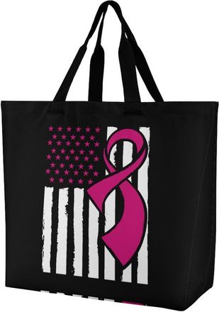 Generic Awareness Ribbon Breast C-ancer Flag Reusable Shopping Bags Large Capacity Grocery Bag Heavy Duty Tote for Women 40x40x16cm