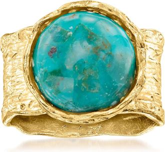 Ross-Simons Turquoise Wide-Band Ring in Textured and Polished 18kt Gold Over Sterling