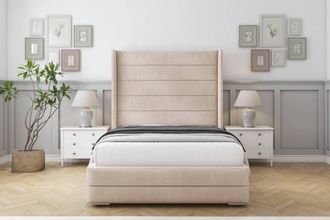 Sloomy Sterling Naples Frame-Mattress - 50 Upholstered Wingback Headboard in Light Sand | Size: Small Double
