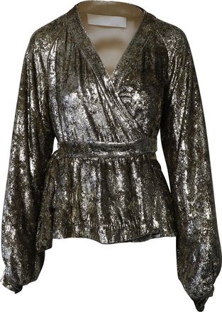 Co Co Metallic Velvet Wrap Blouse in Gold Polyester