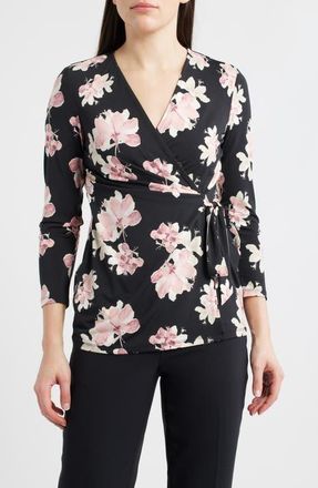 Anne Klein Floral Print Wrap Top in Anne Black Multi at Nordstrom, Size X-Large