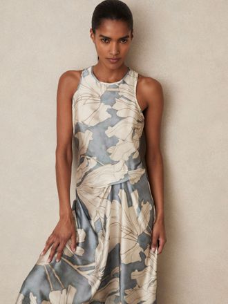 Reiss Mieke Blue Satin Floral Drape Midi Dress, 10, Blue & beige