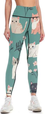 Generic Cats and Flowers Womens High Waisted Yoga Pants Printed Lounge Leggings Comfy Tummy Control Trousers