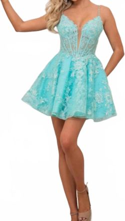 Rachel Allan Applique Short Corset A-Line Dress In Aqua