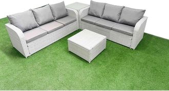 Fimous Outdoor Garden Furniture Sets 6 Seater Wicker Rattan Furniture Sofa Sets with Square Coffee Table high Back Lounge Sofa Side Table Light Grey - Fimous