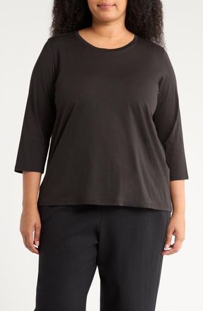 Eileen Fisher Easy Three-Quarter Sleeve Organic Cotton Jersey Top in Black at Nordstrom, Size 1X