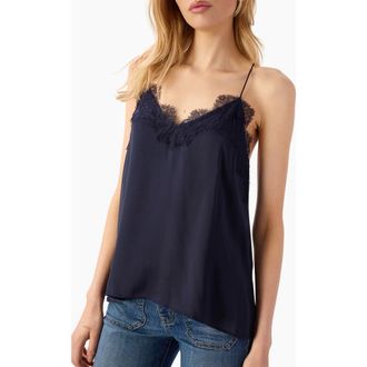 Cami NYC The Racer Lace Trim Silk Camisole in Navy at Nordstrom, Size Xx-Small