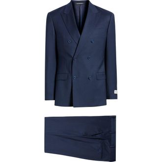 Emporio Armani Double Breasted Microcheck Virgin Wool G-Line Suit in Navy at Nordstrom, Size 46 Us