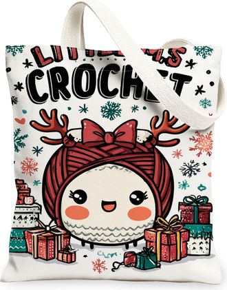 Generic Cute Christmas Crochet Canvas Tote Bags, Adorable Holiday Design Reusable Shopping Bags, Lightweight Washable Shoulder Stra, White, 13x15 Inch