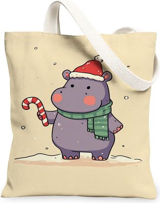 Generic Christmas Hippo Canvas Tote Bags, Adorable Animal Reusable Bags, Winter Lightweight Washable Shoulder Strap Canvas for Trav, Beige, 13x15 Inch