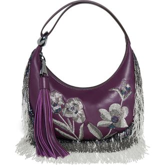 Aim&eacute;e Bloom Beaded Leather Bean Bag in Beaded Plum at Nordstrom