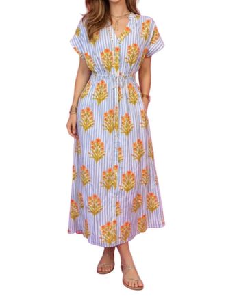 THML Clothing Catherine Short Sleeve Floral Striped Print Dress In Blue
