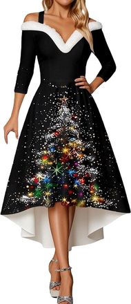 Generic Christmas Dresses for Women UK Fleece V Neck Tree Printed Midi Dress Knee Length Long Sleeve Ladies Casual Dresses Christmas Themed Wedding Evening Go