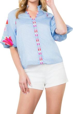 THML Clothing Embroidered Puff Sleeve Top In Blue