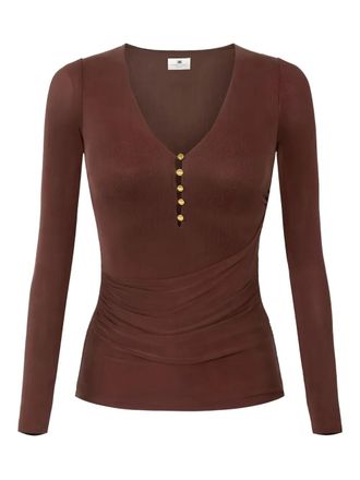 Elisabetta Franchi button draped long-sleeve T-shirt - women - Cupro/Elastane - 38 - Brown