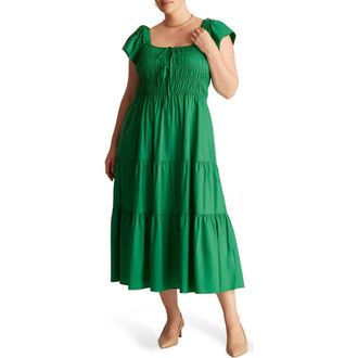 Estelle Alana Smocked Fit & Flare Cotton Tiered Midi Dress in Emerald at Nordstrom, Size 22W