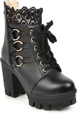Generic Womens Lace-Up Ankle Boots, 10Cm Block Heel Ankle Boots with Lace Trim And Metal Rings Plus Size Boots Round Toe Ankle Shoes for Autumn And Winter,Bla