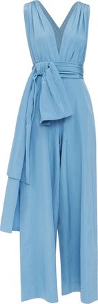 Oscar De La Renta sky blue moire faille sash tie jumpsuit