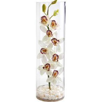 Nearly Natural Cymbidium Orchid Artificial Arrangement in Tall Cylinder Vase in White at Nordstrom