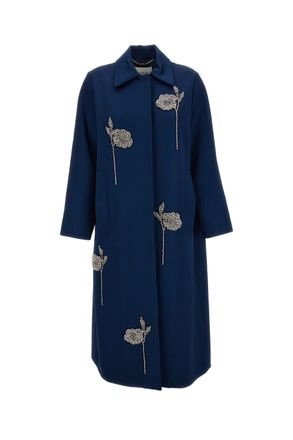 Erdem Navy Blue Embroidered Heavy Satin Cocoon Coat