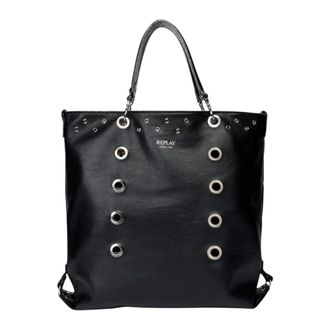 Replay Tote Bags, female, Black, Size: ONE SIZE Statement womens bag with metallic eyelet details