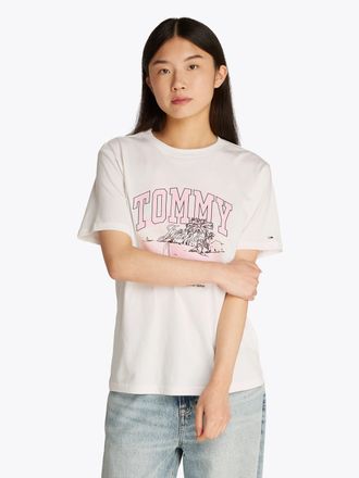 Tommy Jeans T-Shirt TOMMY JEANS TJW RLX TONAL TROPICS TEE, Damen, Gr. XS (34), beige (ecru), Single Jersey, Obermaterial: 100% Baumwolle, bedruckt, relaxed fit h&uuml;