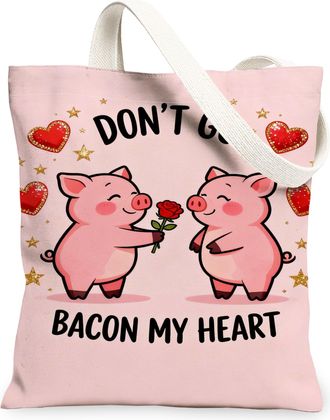 Generic Cute Pigs Canvas Tote Bags, Adorable Animal Heart Pattern, ValentineS Day Reusable Lightweight Washable Shoulder Strap Bag, Peach, 13x15 Inch